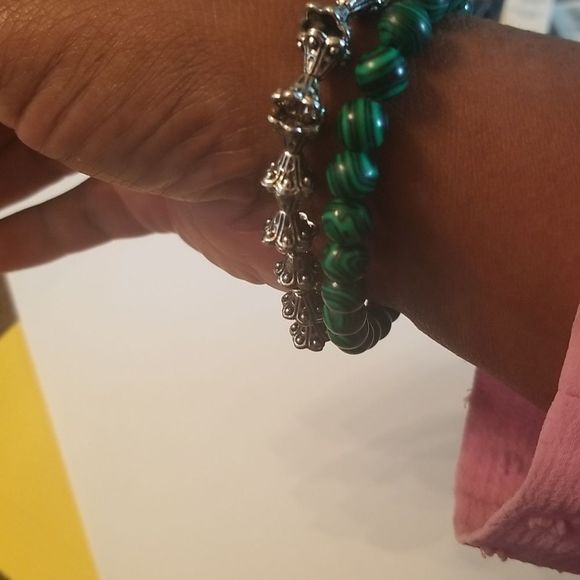 Mens 2 Pc. Green Malachite & Silverplated Expansion Bracelets Custom Made 8" - Picture 11 of 15
